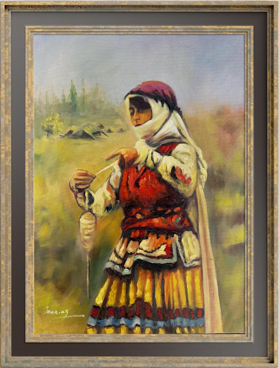 Anadolu Temalı TablolarYün Eğiren Kadın Yağlı Boya Tablo