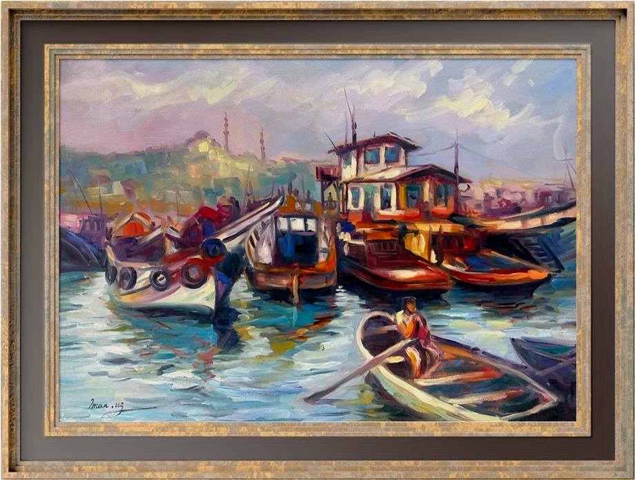 İstanbul temalı tablolarBalıkhane ve Tekneler Yağlı Boya Tablo