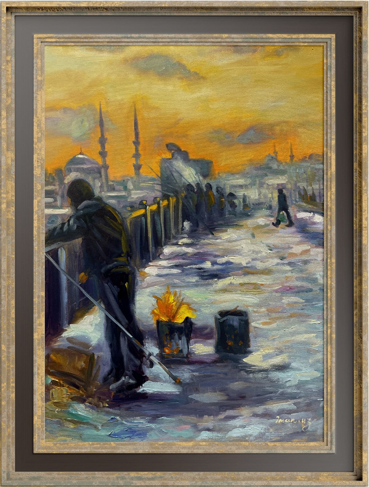 İstanbul temalı tablolarKarlı Gün'de Galata Balıkçıları Yağlı Boya Tablo