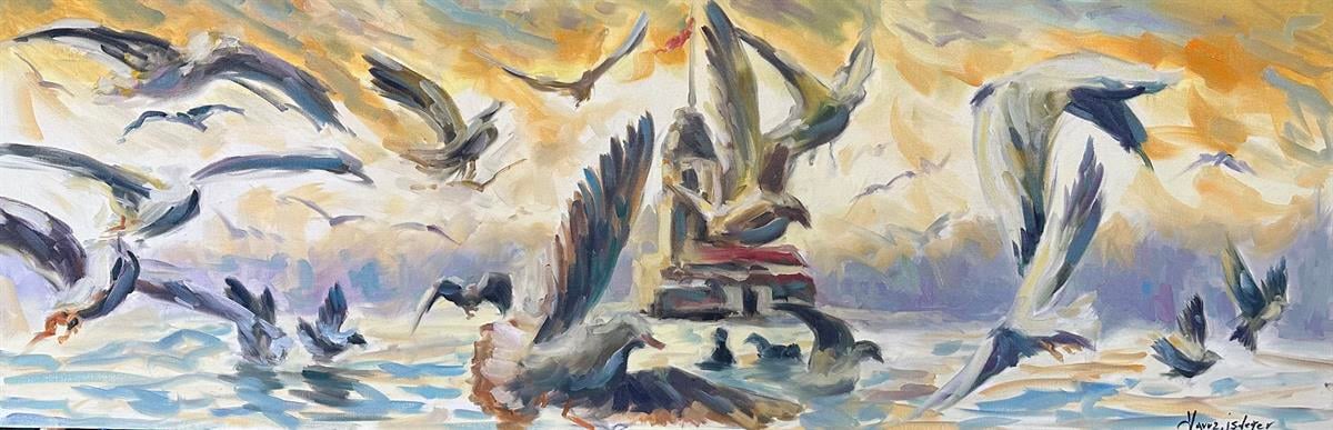 İstanbul Temali TablolarMartılar ve Kız Kulesi Modern Yağlı Boya Tablo