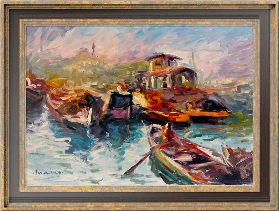 İstanbul Temalı Tablolar,Soyut ve Modern TablolarHaliç'te Tekneler Modern Yağlı Boya Tablo