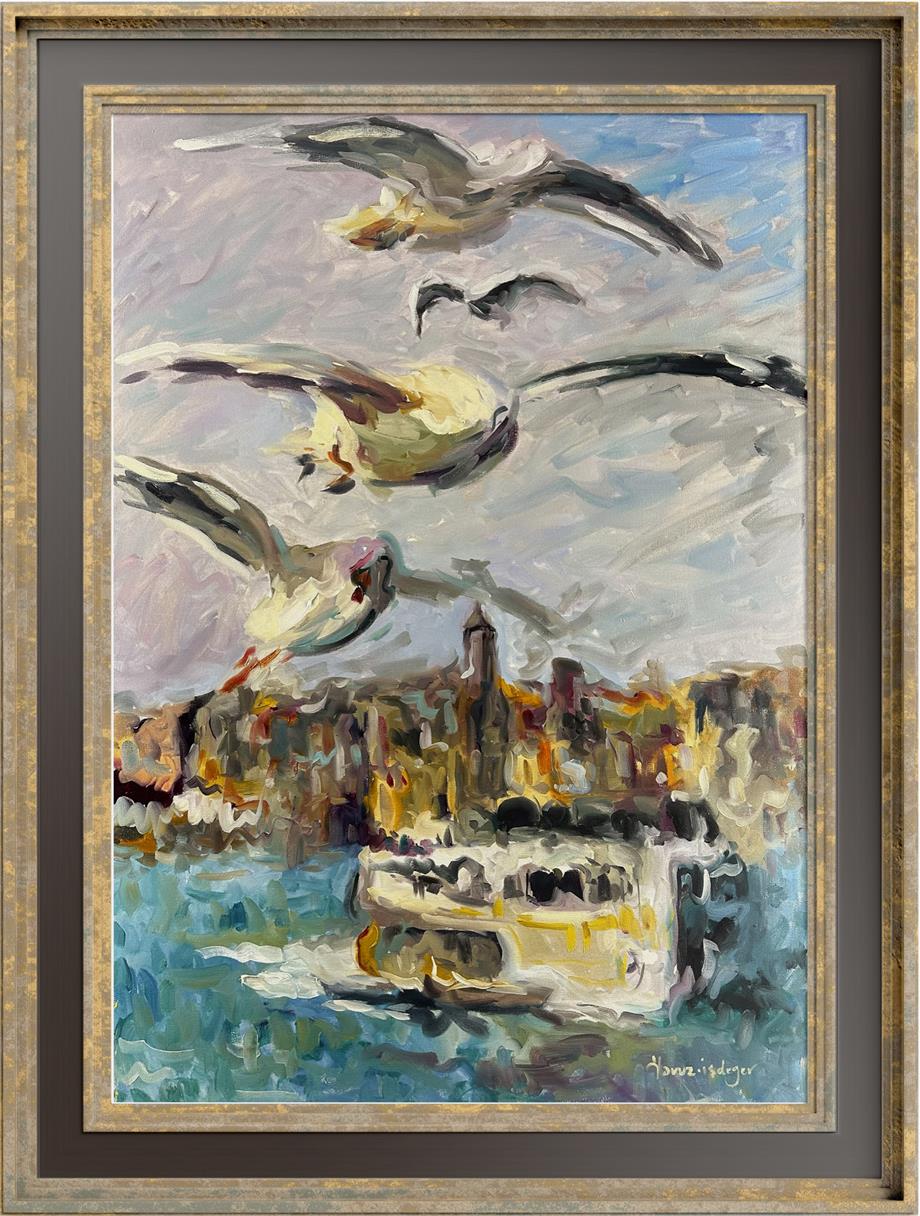 İstanbul Temalı Tablolar,Soyut ve Modern TablolarBoğaz Gemi ve Martılar Modern Yağlı Boya Tablo