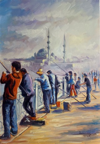 İstanbul temalı tablolarGalata Köprüsü Balıkçıları Yağlı Boya Tablo