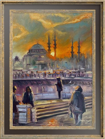 İstanbul temalı tablolar Karaköy İskelesinde Gün Batımı Yağlı Boya Tablo