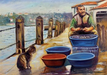 İstanbul temalı tablolarMidye Ayıklayan Adam Yağlı Boya Tablo