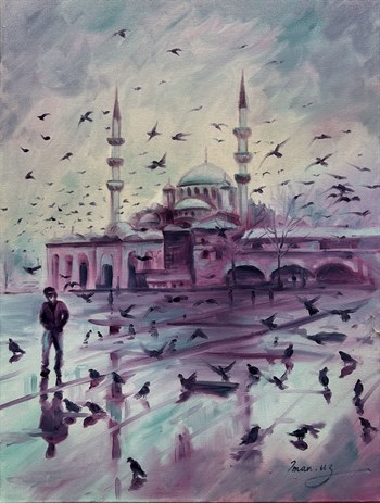 İstanbul temalı tablolarYani Cami ve Güvercinler Yağlı Boya tablo