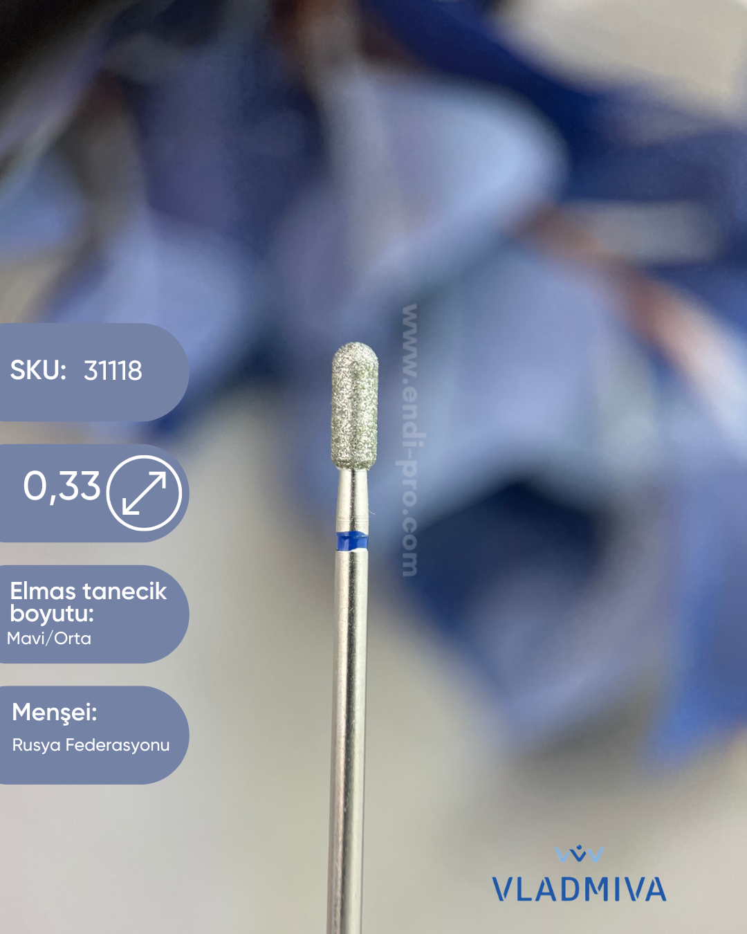 Elmas Freze başlık (Orta - Mavi) Silindir yarımküre 0,33 mmVladMiva RussiaElmas BaşlıklarElmas Freze başlık (Orta - Mavi) Silindir yarımküre 0,33 mm