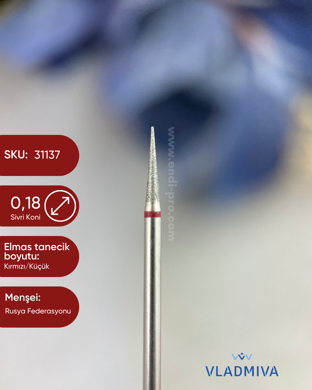 Elmas Freze başlık (Yumuşak - Kırmızı) Sivri Konik 0,18 mmVladMiva RussiaElmas BaşlıklarElmas Freze başlık (Yumuşak - Kırmızı) Sivri Konik 0,18 mm