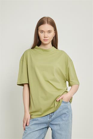 Yüksek Yaka Kısa Kollu Basic Tişört Açık Yeşil