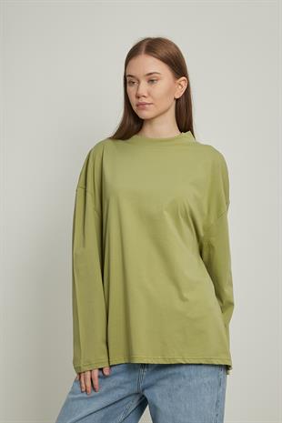 Yüksek Yaka Uzun Kollu Basic Tişört Açık Yeşil