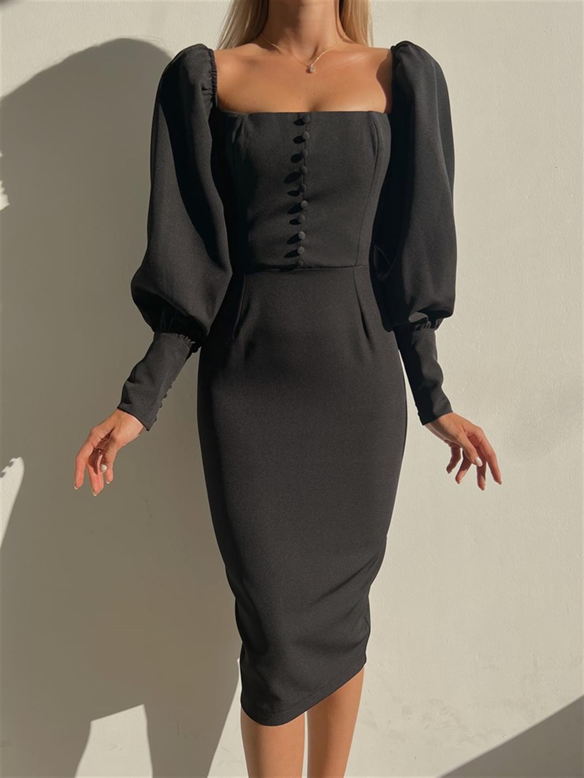 Balon Kol Düğme Detaylı Midi Boy Kadın Siyah Kalem Elbise 22Y000008