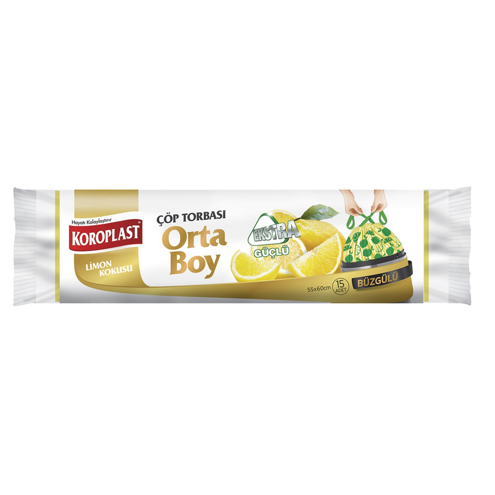 Koroplast Ekstra Güçlü Büzgülü Limon Orta Boy Çöp Torbası 10Lu
