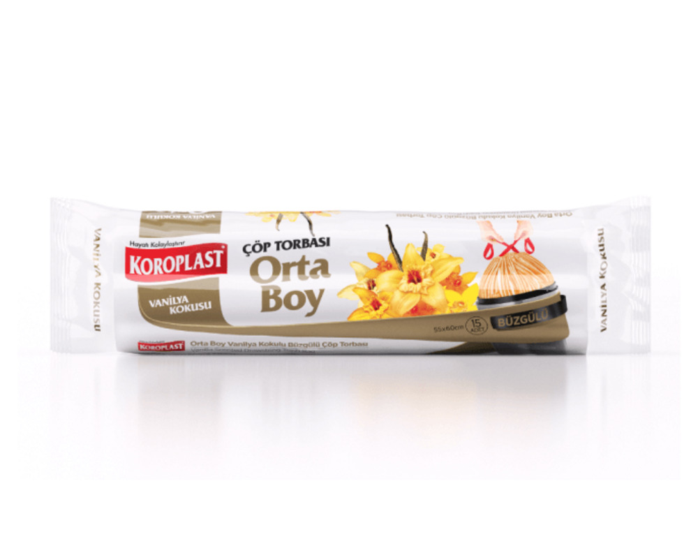 Koroplast Ekstra Güçlü Büzgülü Vanilya Orta Boy Çöp Torbası 15'Li
