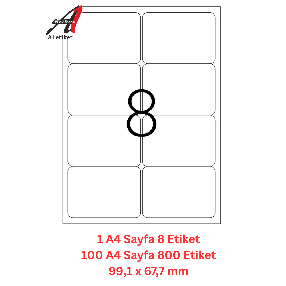 A1 Lazer Etiket tw-2008 100 A4 Sayfa Laser Etiket 99.1 x 67.7 mm Boyutunda 1 A4 Sayfada 8 Etiket