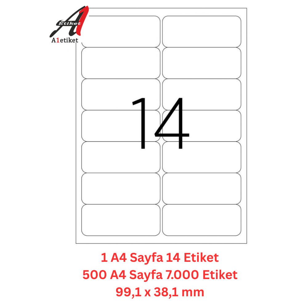 A1 Lazer Etiket tw-2014 500 A4 Sayfa Lazer Etiket 99,1 x 38,1 OVAL mm Boyutunda 1 A4 Sayfada 14 Etiket