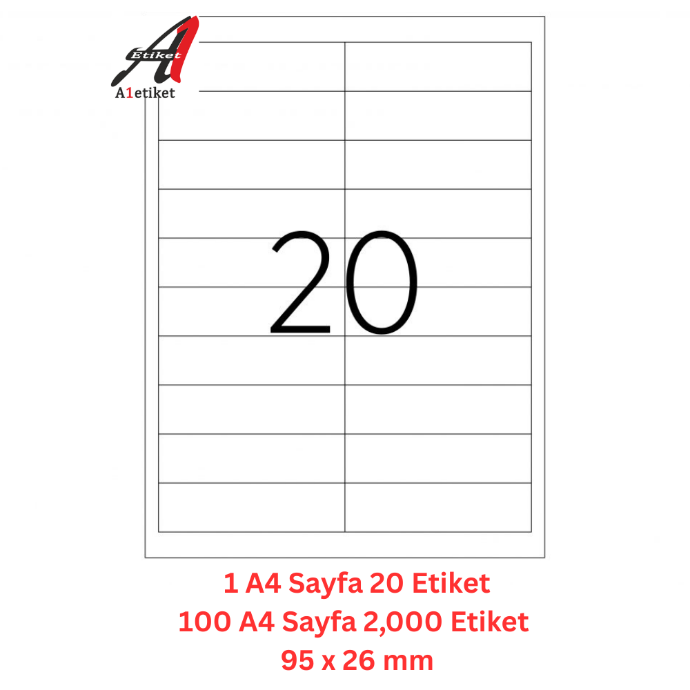 A1 Lazer Etiket tw-2020 100 A4 Sayfa Laser Etiket 95 x 26 mm Boyutunda 1 A4 Sayfada 20 Etiket