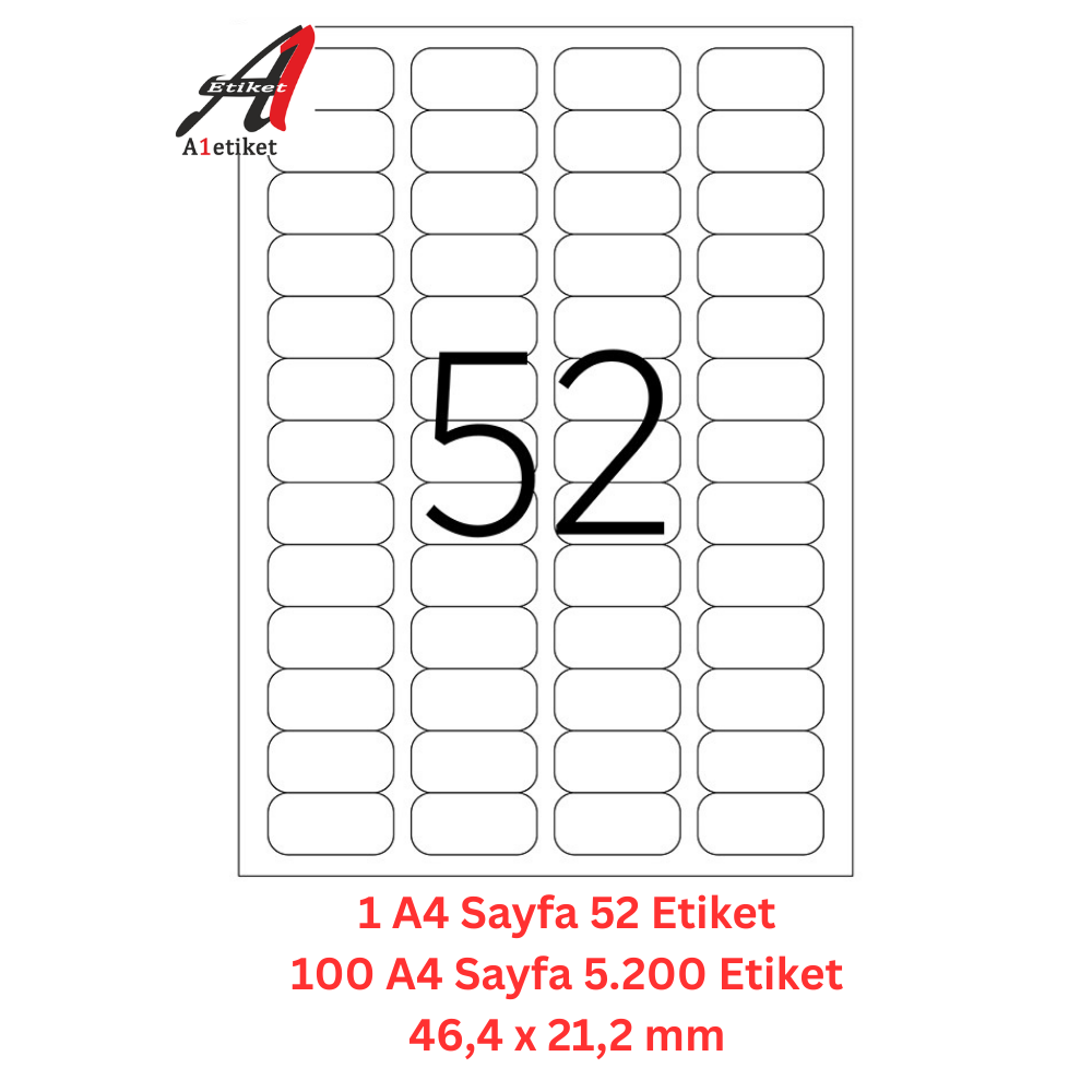 A1 Lazer Etiket tw-2052 100 A4 Sayfa Lazer Etiket 21 x 46 mm Boyutunda 1 A4 Sayfada 52 Etiket