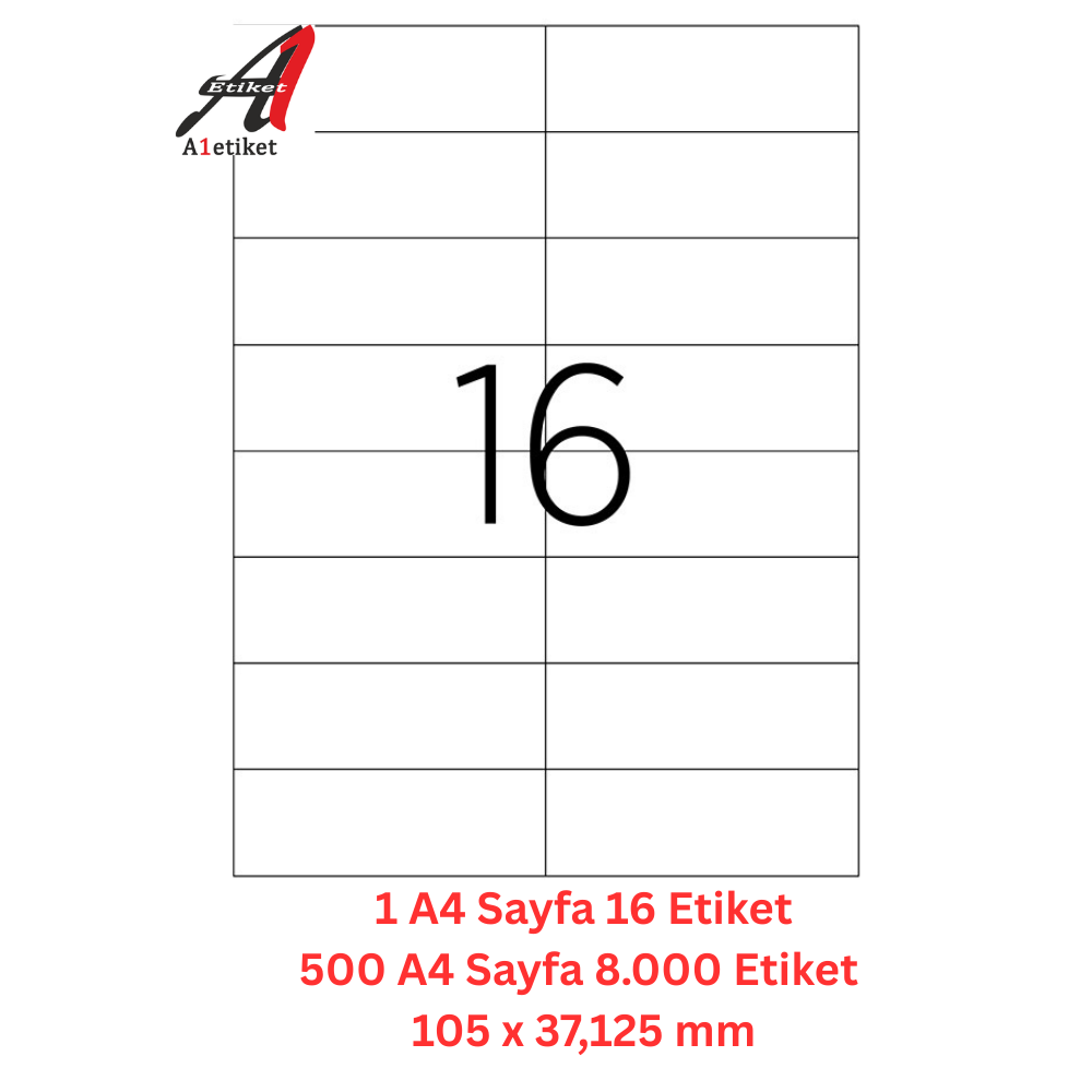 A1 Lazer Etiket tw-2105 500 A4 Sayfa Lazer Etiket 105 x 37,125 mm Boyutunda 1 A4 Sayfada 16 Etiket