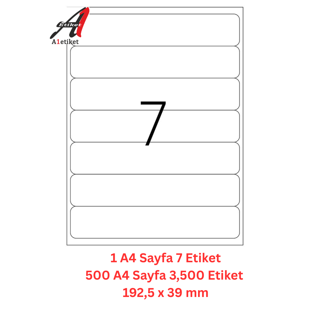 A1 Lazer Etiket tw-2107 500 A4 Sayfa Lazer Etiket 192,5 x 39 mm Boyutunda 1 A4 Sayfada 7 Etiket
