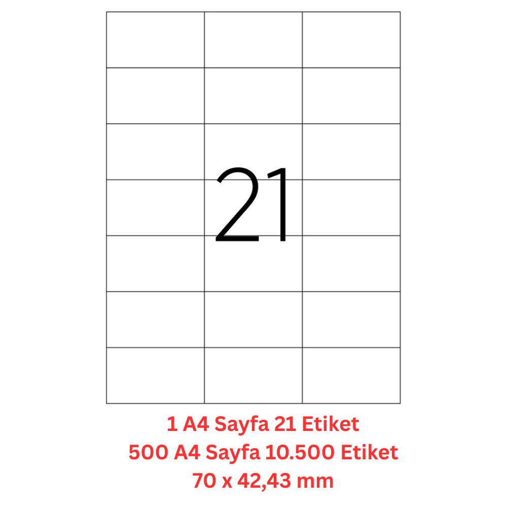 A1 Lazer Etiket tw-2124 500 A4 Sayfa Lazer Etiket 70 x 42,43 mm Boyutunda 1 A4 Sayfada 21 Etiket