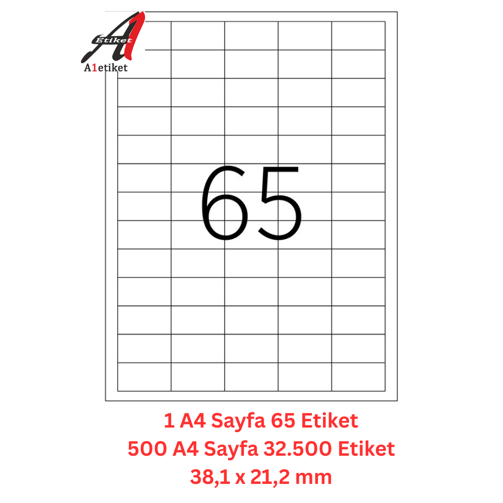 A1 Lazer Etiket tw-2165 500 A4 Sayfa Lazer Etiket 38,1 x 21,2  DÜZ mm Boyutunda 1 A4 Sayfada 65 Etiket