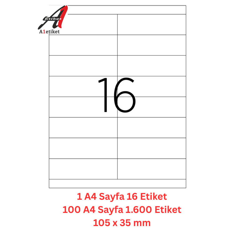 A1 Lazer Etiket tw-2216 100 A4 Sayfa Laser Etiket 105 x 35 mm Boyutunda 1 A4 Sayfada 16 Etiket