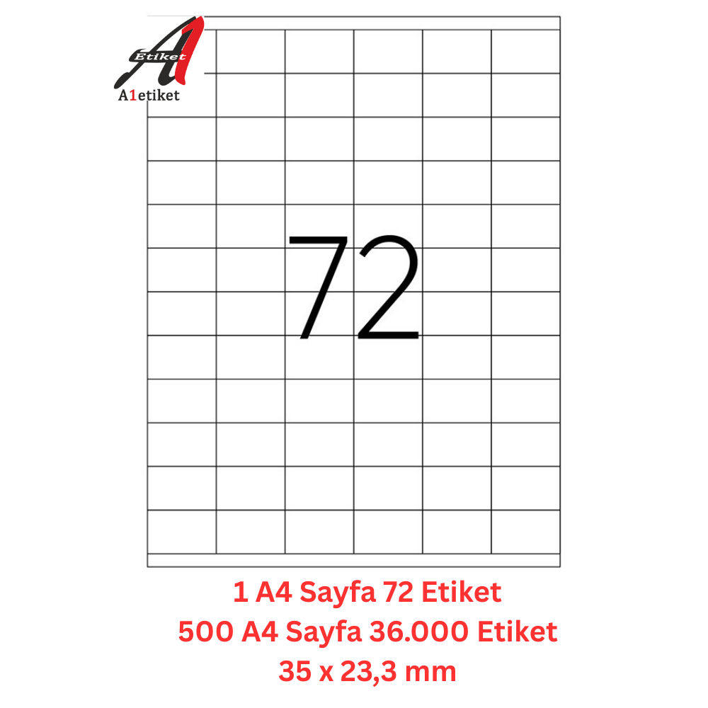 A1 Lazer Etiket tw-2272 500 A4 Sayfa Lazer Etiket 35 x 23,3 mm Boyutunda 1 A4 Sayfada 72 Etiket