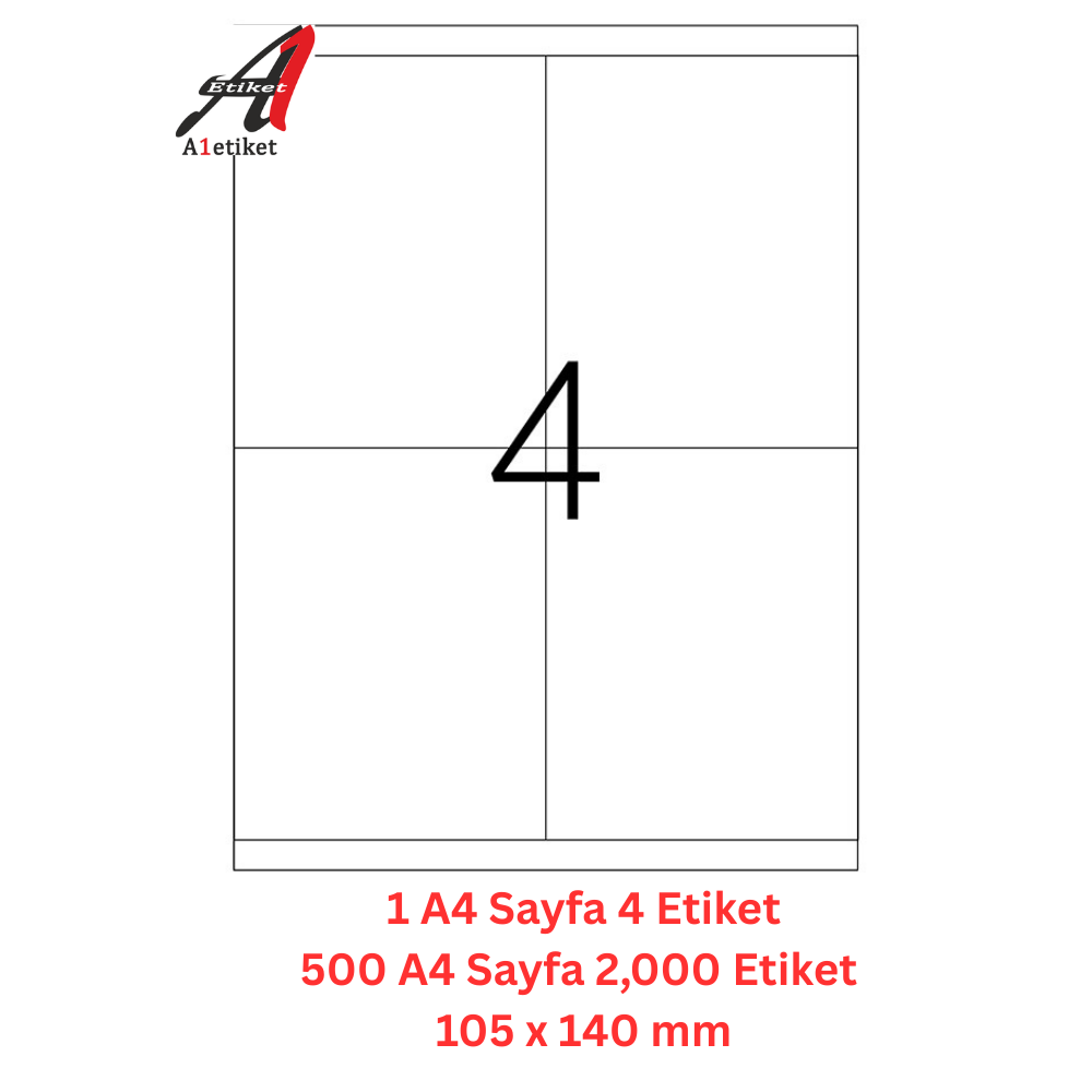 A1 Lazer Etiket tw-2304 500 A4 Sayfa Lazer Etiket 105 x 140 mm Boyutunda 1 A4 Sayfada 4 Etiket