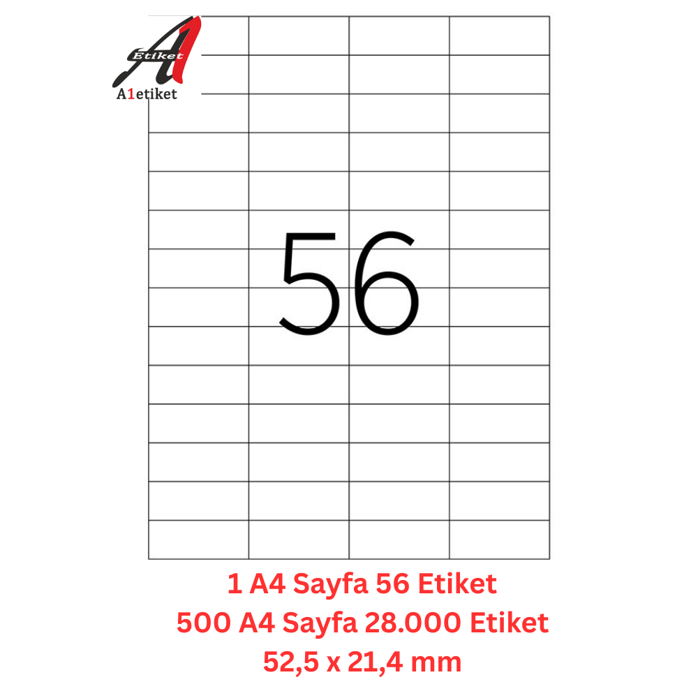 A1 Lazer Etiket tw-2321 500 A4 Sayfa Lazer Etiket 52 x 21 mm Boyutunda 1 A4 Sayfada 56 Etiket çift