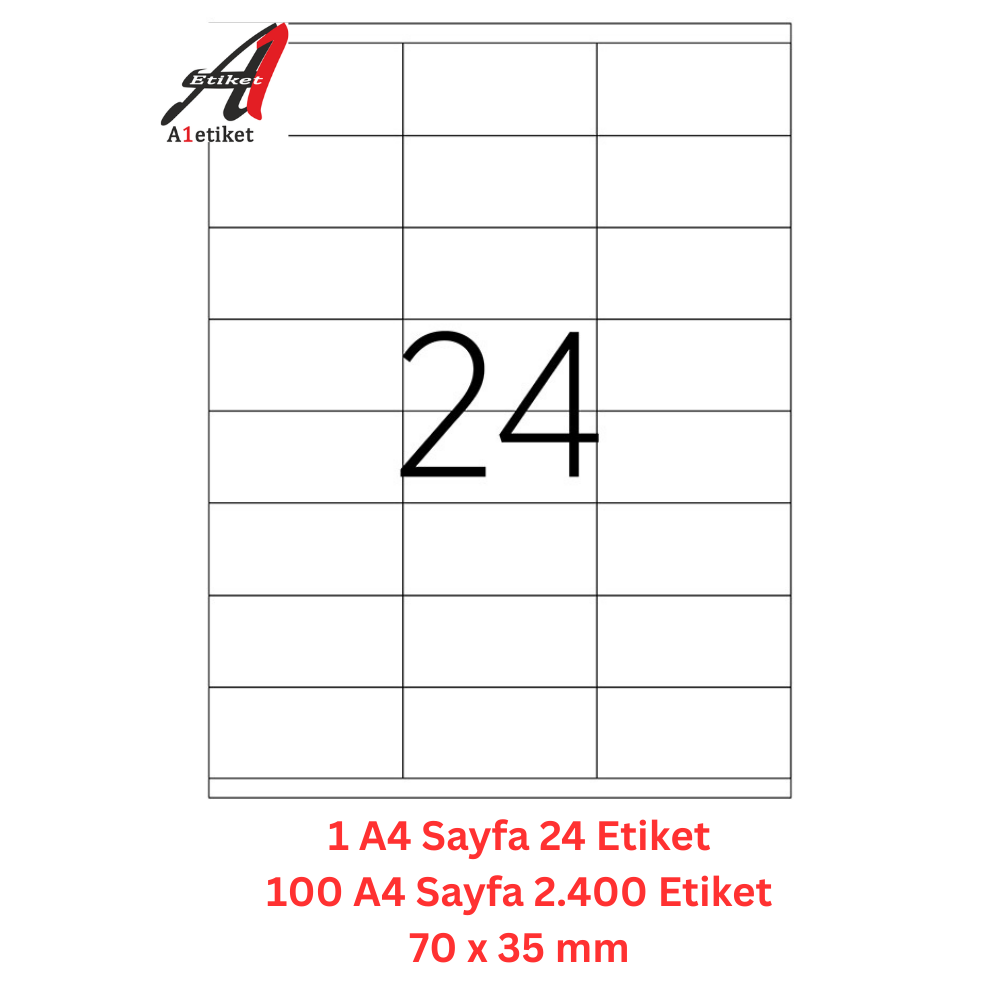 A1 Lazer Etiket tw-2324 100 A4 Sayfa Lazer Etiket 70 x 35 mm Boyutunda 1 A4 Sayfada 24 Etiket