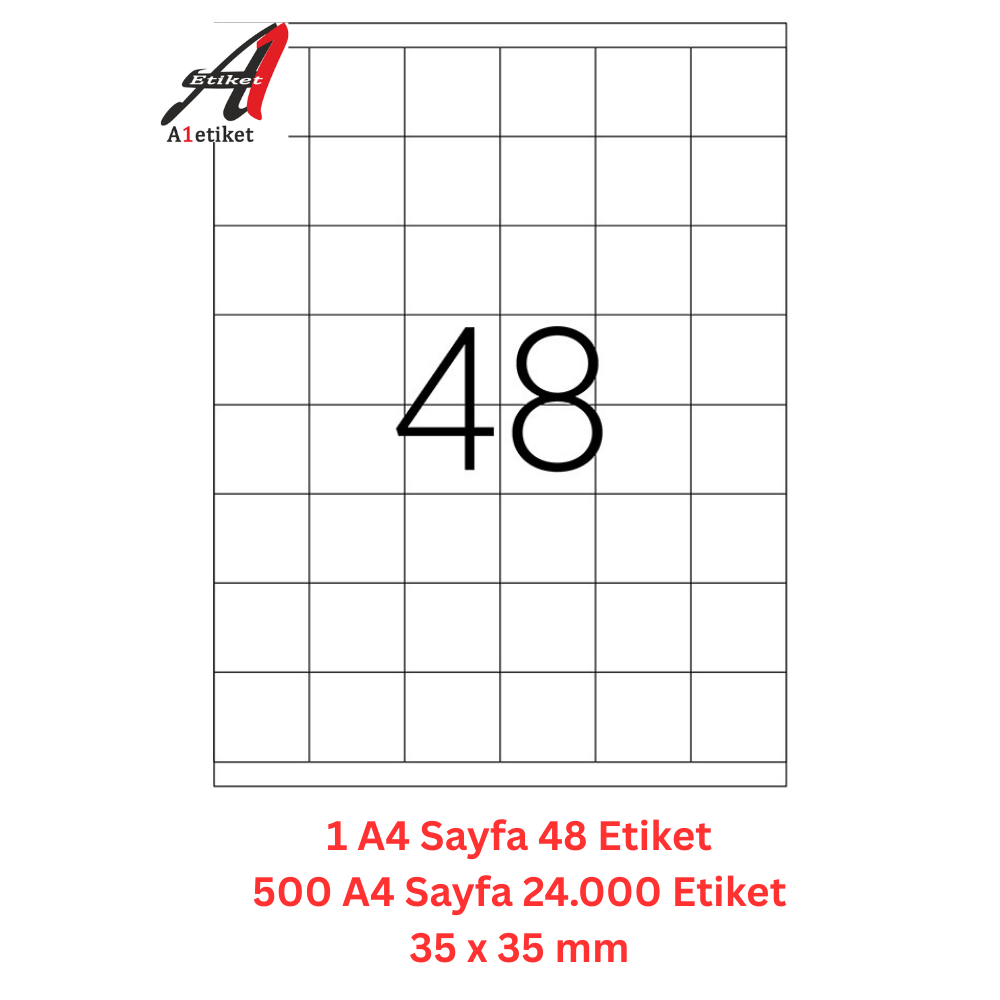 A1 Lazer Etiket tw-2348 500 A4 Sayfa Lazer Etiket 35 x 35 mm Boyutunda 1 A4 Sayfada 48 Etiket