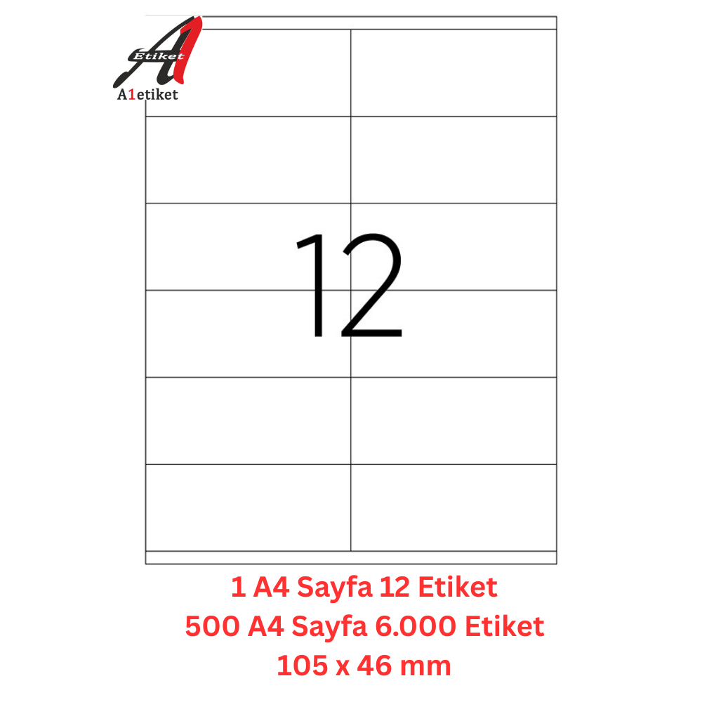 A1 Lazer Etiket tw-2512 500 A4 Sayfa Lazer Etiket 105 x 46 mm Boyutunda 1 A4 Sayfada 12 Etiket