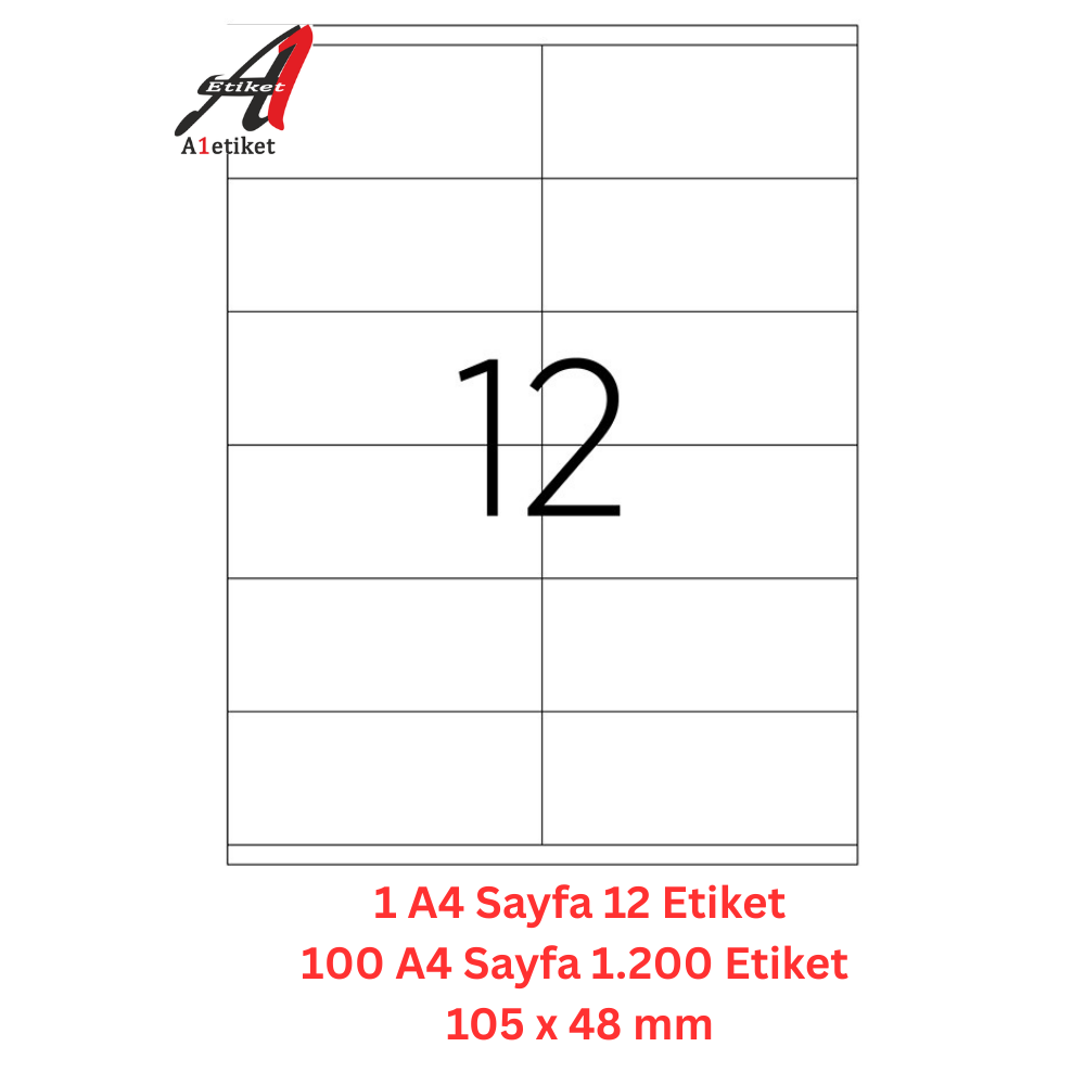 A1 Lazer Etiket tw-2612 100 A4 Sayfa Lazer Etiket 105 x 48 mm Boyutunda 1 A4 Sayfada 12 Etiket