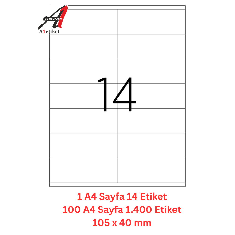 A1 Lazer Etiket tw-2614 100 A4 Sayfa Lazer Etiket 105 X 40 mm Boyutunda 1 A4 Sayfada 14 Etiket