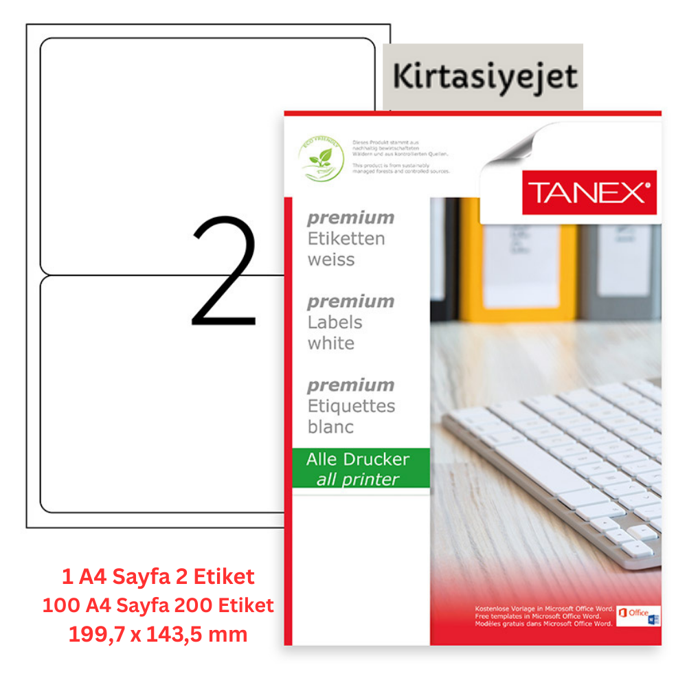 Tanex Lazer Etiket tw-2002 100 A4 Sayfa Laser Etiket 199.6 x 143.5 mm Boyutunda 1 A4 Sayfada 2 Etiket