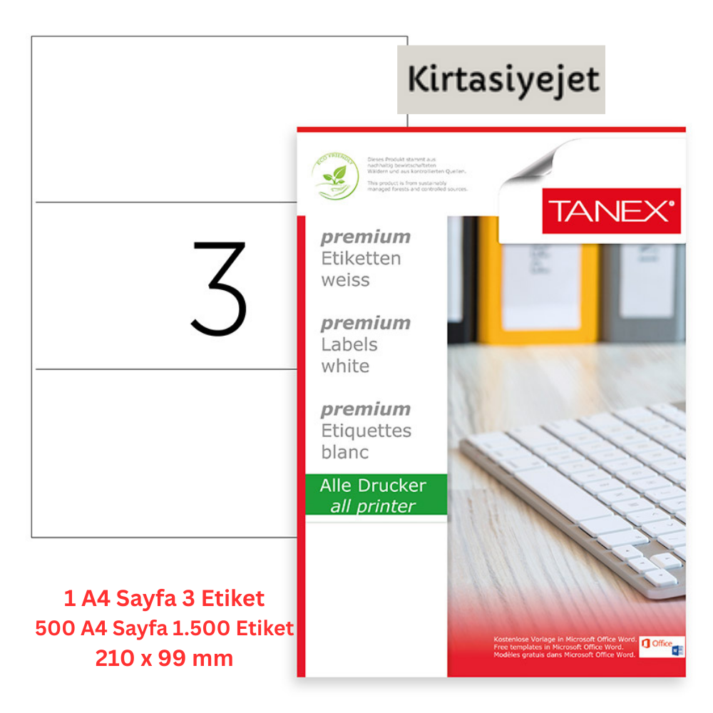 Tanex Lazer Etiket tw-2003 500 A4 Sayfa Laser Etiket 210 x 99 mm Boyutunda 1 A4 Sayfada 3 Etiket