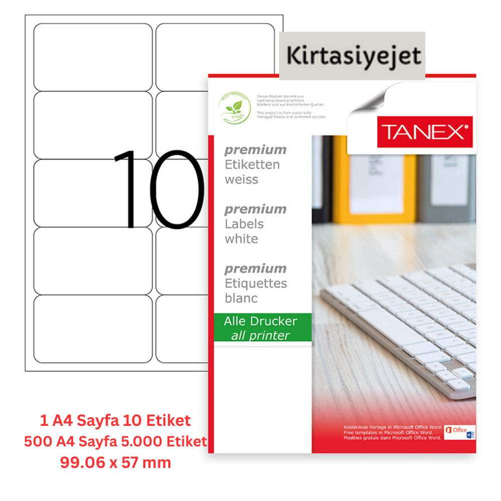 Tanex Lazer Etiket tw-2010 500 A4 Sayfa Laser Etiket 99.06 x 57 mm Boyutunda 1 A4 Sayfada 10 Etiket.