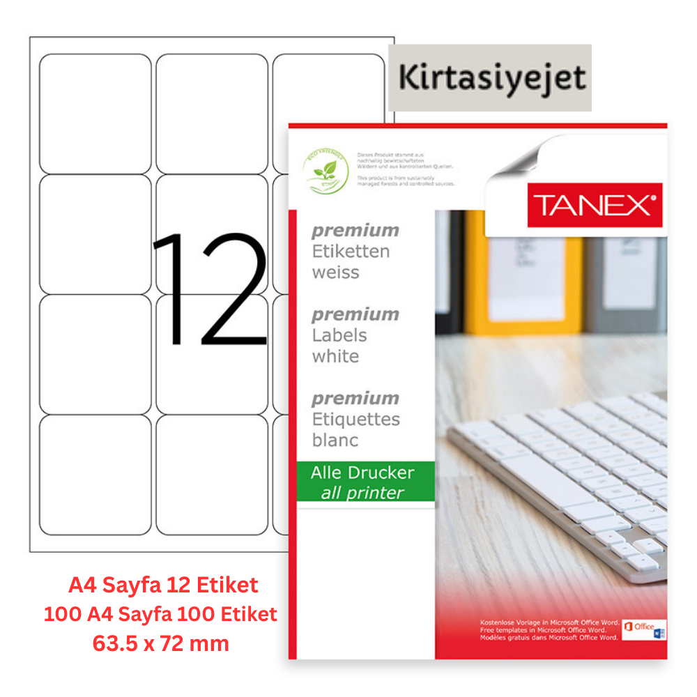 Tanex Lazer Etiket tw-2012 100 A4 Sayfa Laser Etiket 63.5 x 72 mm Boyutunda 1 A4 Sayfada 12 Etiket