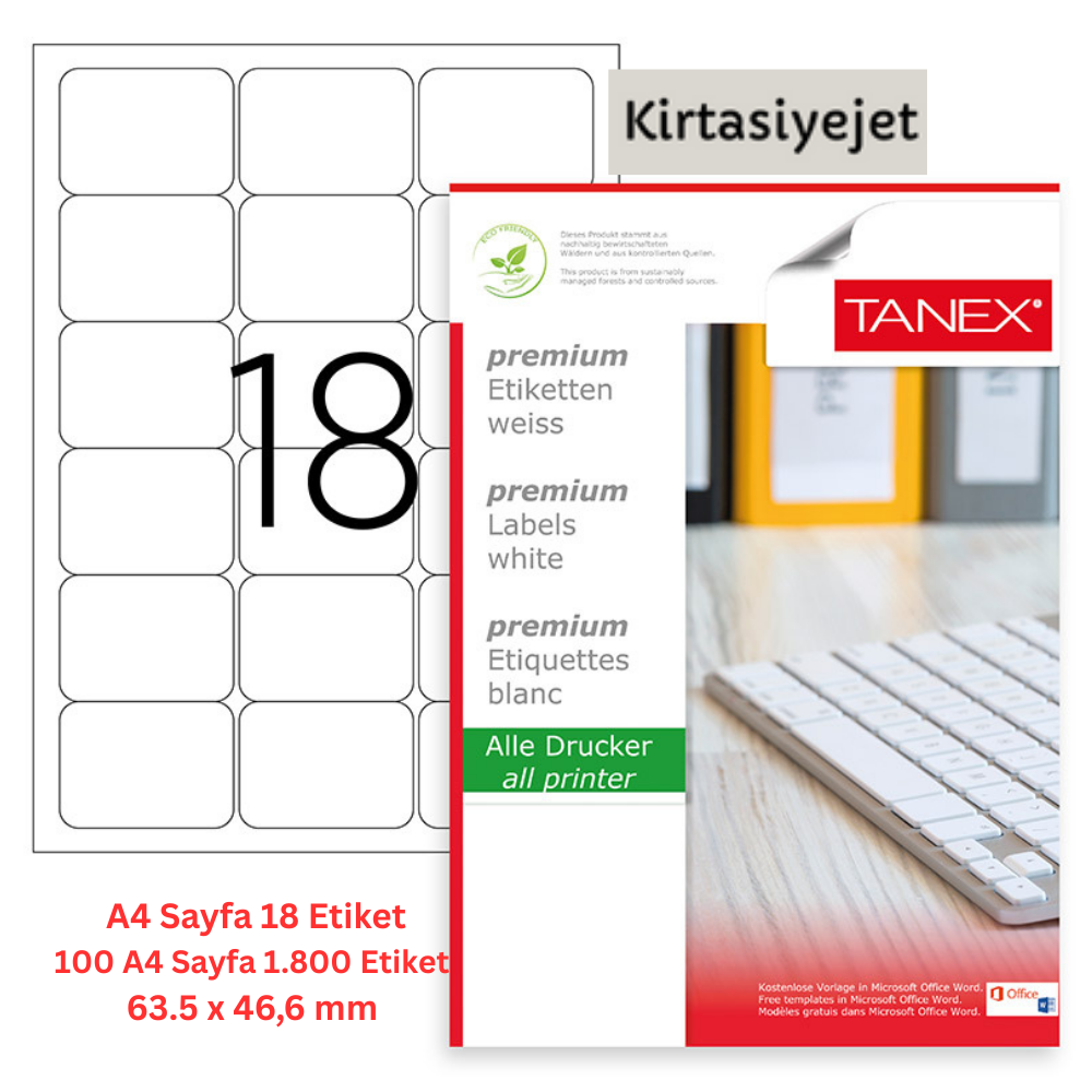 Tanex Lazer Etiket tw-2018 100 A4 Sayfa Laser Etiket 63.5 x 46.6 mm Boyutunda 1 A4 Sayfada 18 Etiket
