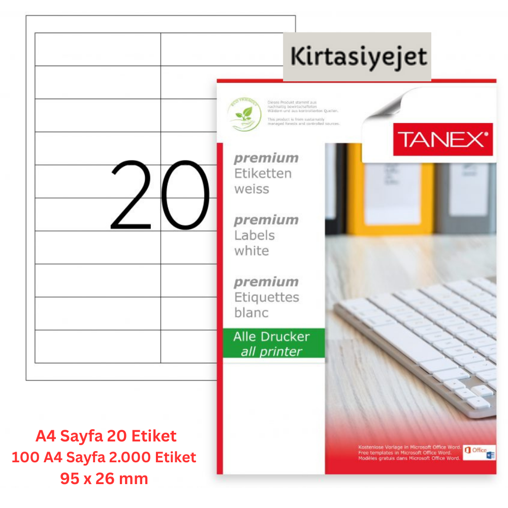 Tanex Lazer Etiket tw-2020 100 A4 Sayfa Laser Etiket 95 x 26 mm Boyutunda 1 A4 Sayfada 20 Etiket