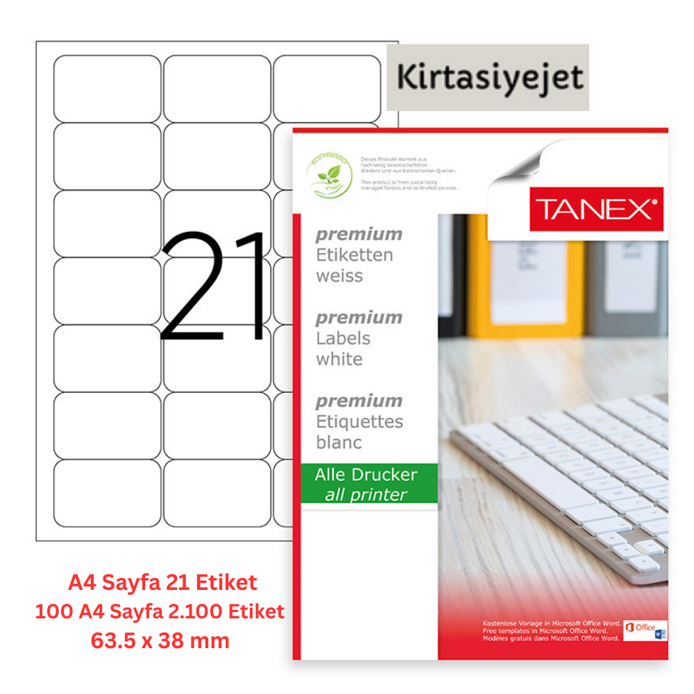 Tanex Lazer Etiket tw-2021 100 A4 Sayfa Laser Etiket 63.5 x 38.1 mm Boyutunda 1 A4 Sayfada 21 Etiket