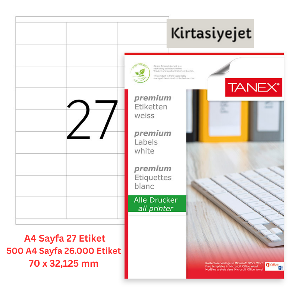 Tanex Lazer Etiket tw-2027 500 A4 Sayfa Laser Etiket 70X32,125 mm Boyutunda 1 A4 Sayfada 27 Etiket