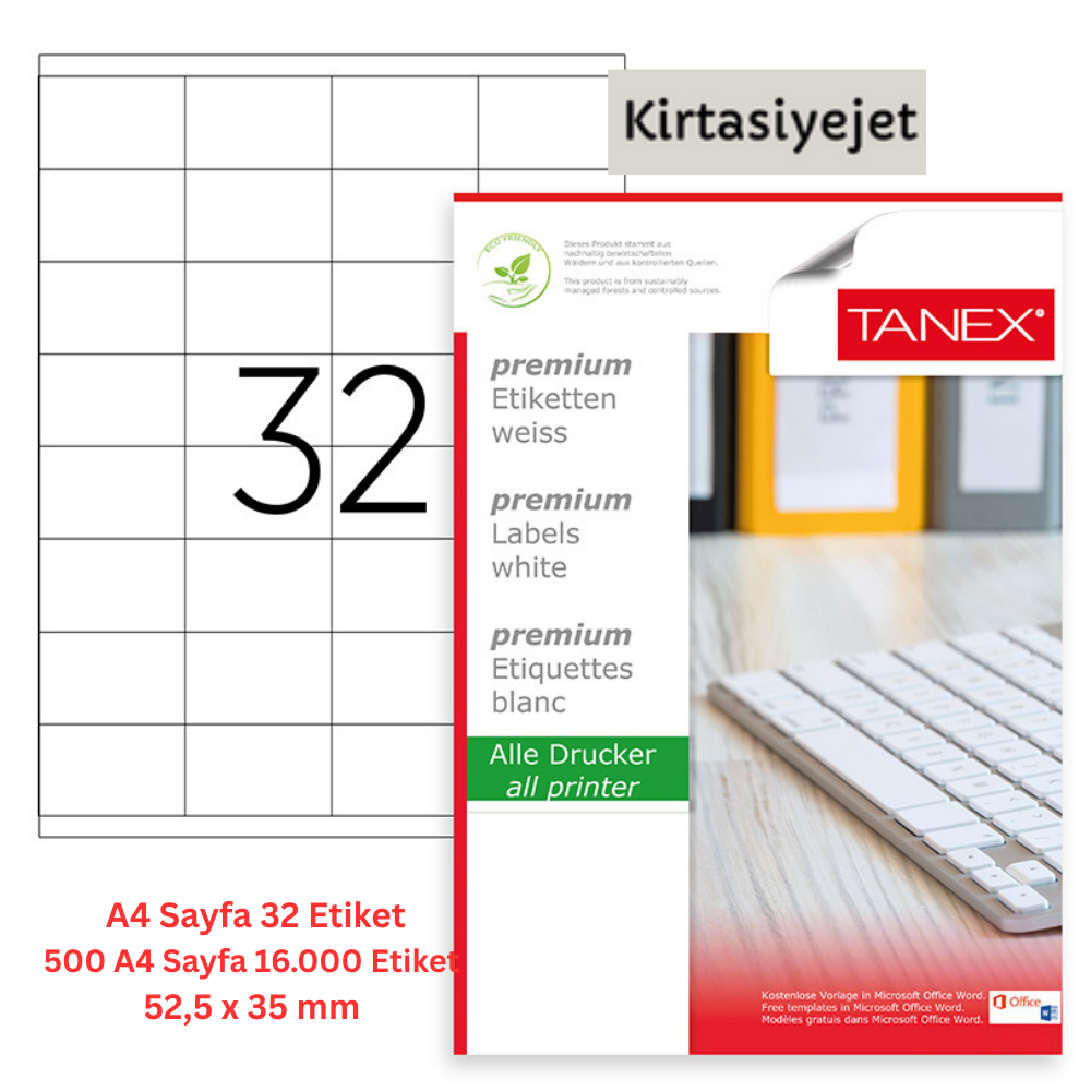 Tanex Lazer Etiket tw-2032 500 A4 Sayfa Lazer Etiket 52.5 x 35 mm Boyutunda 1 A4 Sayfada 32 Etiket