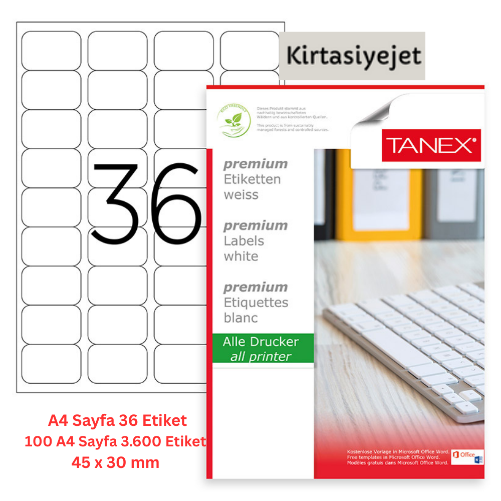 Tanex Lazer Etiket tw-2036 100 A4 Sayfa Lazer Etiket 45 X 30 mm Boyutunda 1 A4 Sayfada 36 Etiket
