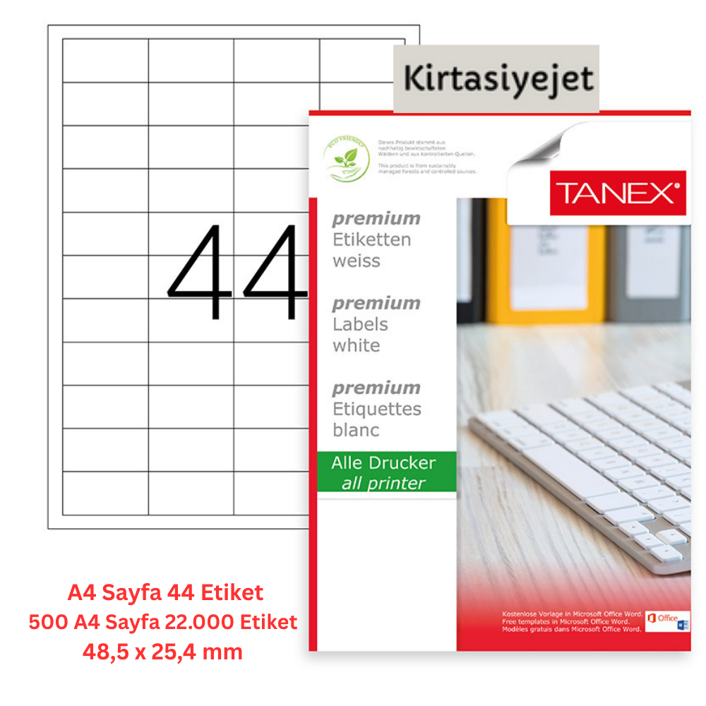 Tanex Lazer Etiket tw-2044 500 A4 Sayfa Laser Etiket 48,5 x 25,4 mm Boyutunda 1 A4 Sayfada 44 Etiket