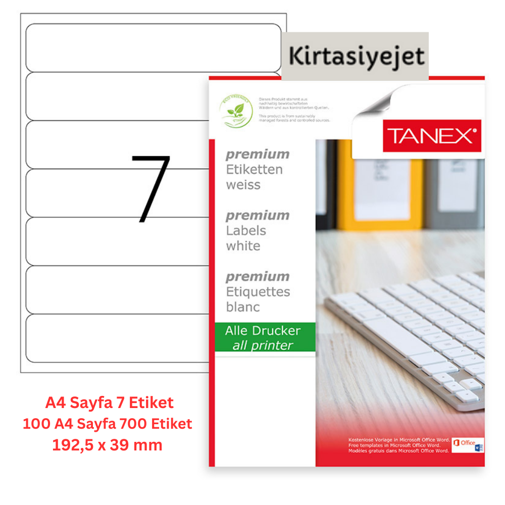 Tanex Lazer Etiket tw-2107 100 A4 Sayfa Laser Etiket 192.5 x 39 mm Boyutunda 1 A4 Sayfada 7 Etiket