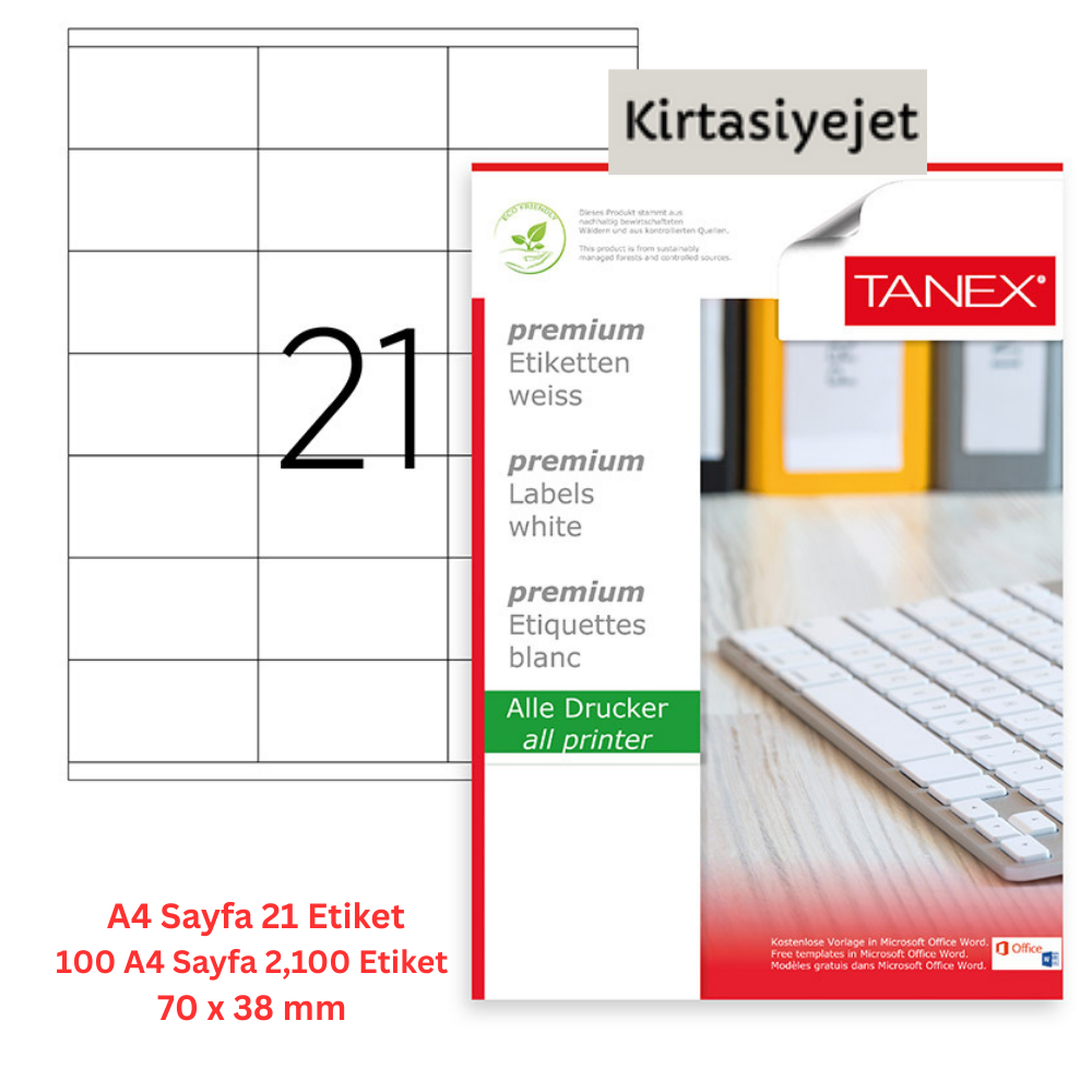 Tanex Lazer Etiket tw-2121 100 A4 Sayfa Laser Etiket 70 x 38 mm Lazer Etiket A4 Sayfada 21 Etiket
