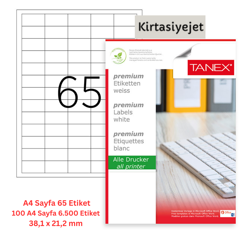 Tanex Lazer Etiket tw-2165 100 A4 Sayfa Laser Etiket  38.1X21.2 mm Boyutunda 1 A4 Sayfada 65 Etiket