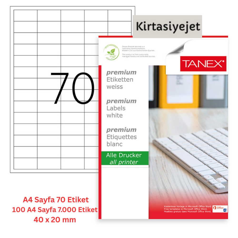 Tanex Lazer Etiket tw-2270 100 A4 Sayfa Laser Etiket 40 x 20 mm Boyutunda 1 A4 Sayfada 70 Etiket