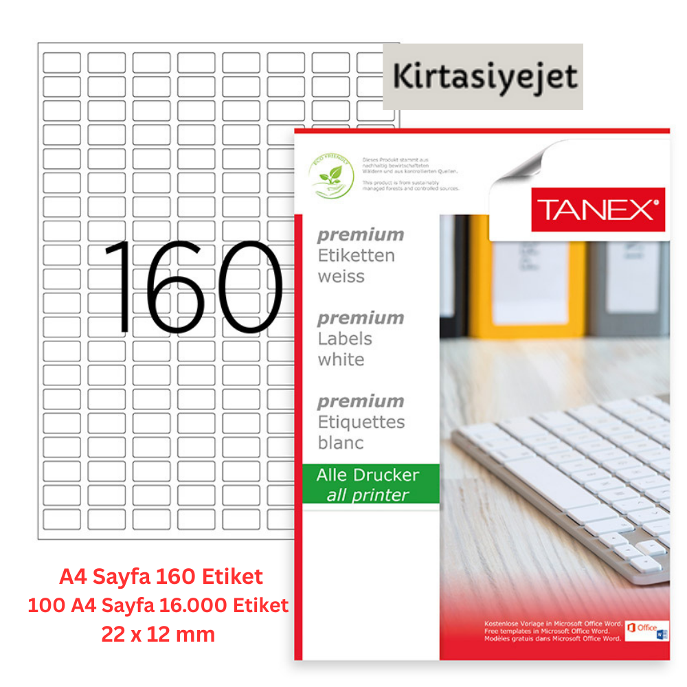 Tanex Lazer Etiket tw-2280 100 A4 Sayfa Laser Etiket 22 x 12 mm Boyutunda 1 A4 Sayfada 160 Etiket